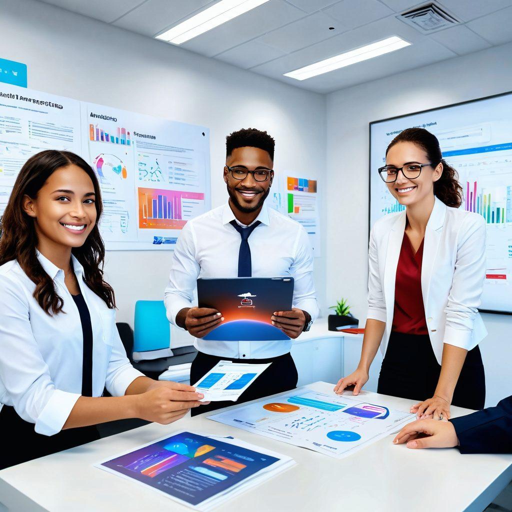 A modern office scene with HR professionals interacting with advanced digital tools, showcasing futuristic dashboards, charts, and AI assistants. New employees in the background smiling, holding welcome kits. Super-realistic. Vibrant colors. White background.