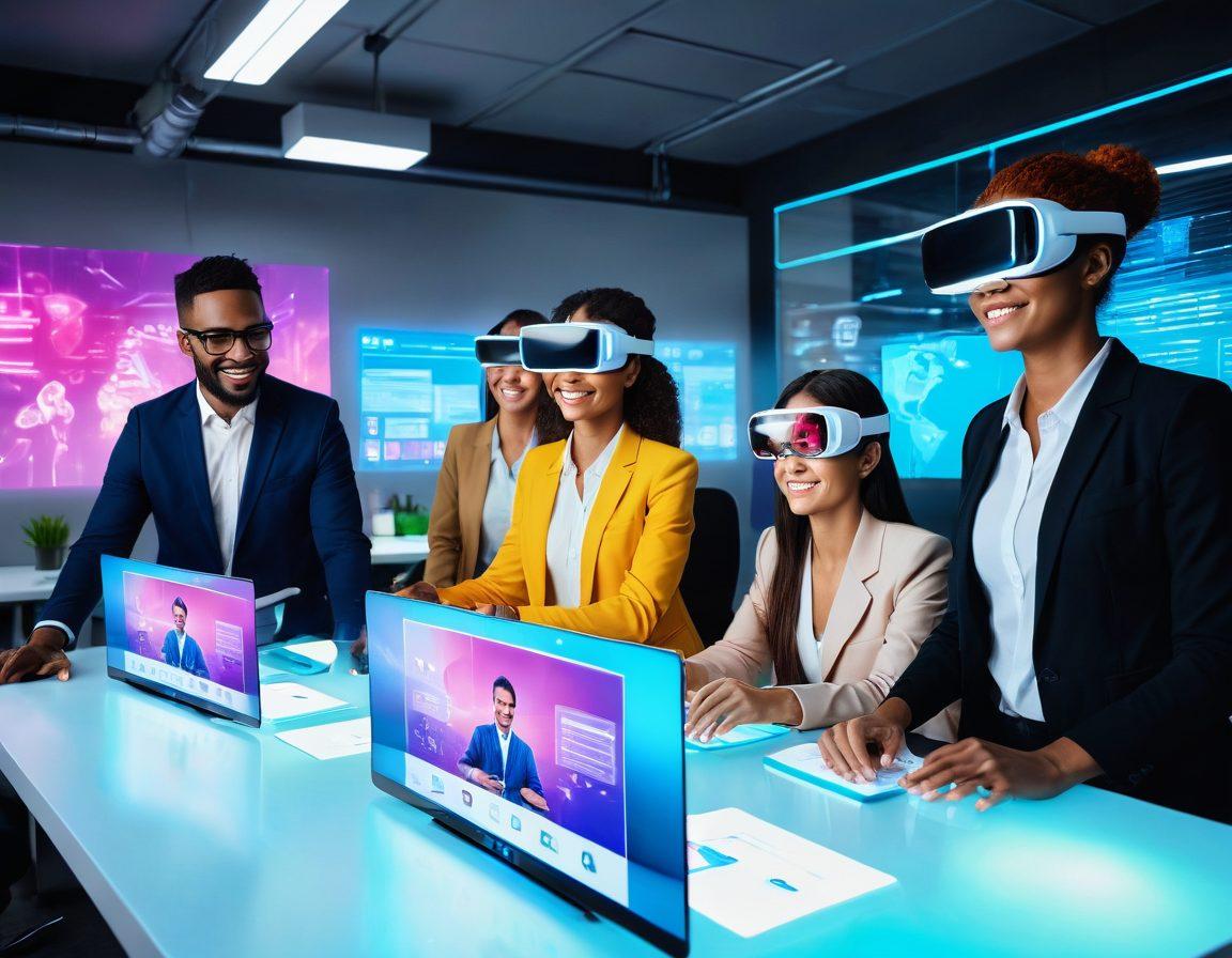 A futuristic office scene with diverse employees engaging in interactive activities, using advanced HR tech tools like holograms, VR headsets, and touchscreens. Vibrant colors highlight dynamic collaboration and smiling faces, symbolizing increased engagement through technology. Super-realistic. Vibrant colors.