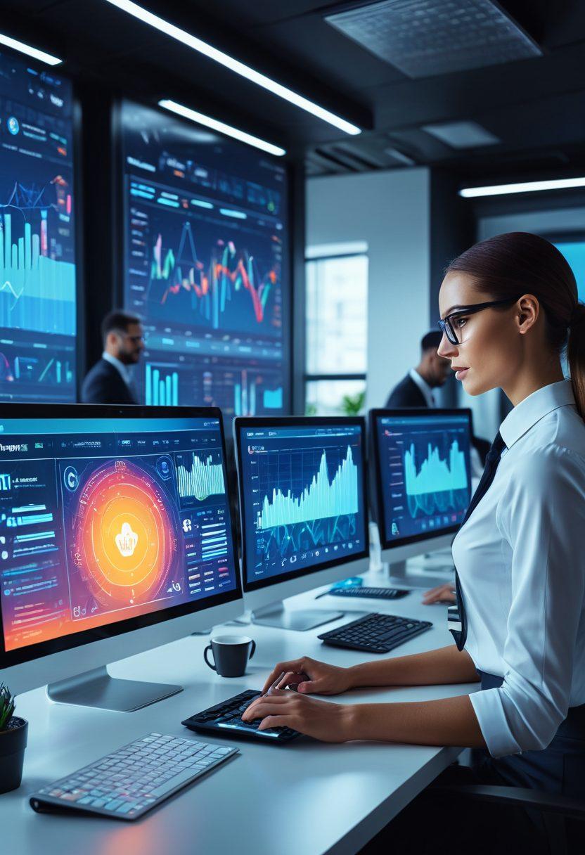 A modern corporate office with a diverse team of employees collaborating with advanced HR software on sleek devices. Futuristic digital interfaces and data analytics charts are visibly integrated within the workspace showcasing efficiency and innovation. Background includes elements of artificial intelligence and automation to signify revolution in staffing. Hyper-realistic setting with vibrant colors and a professional tone.